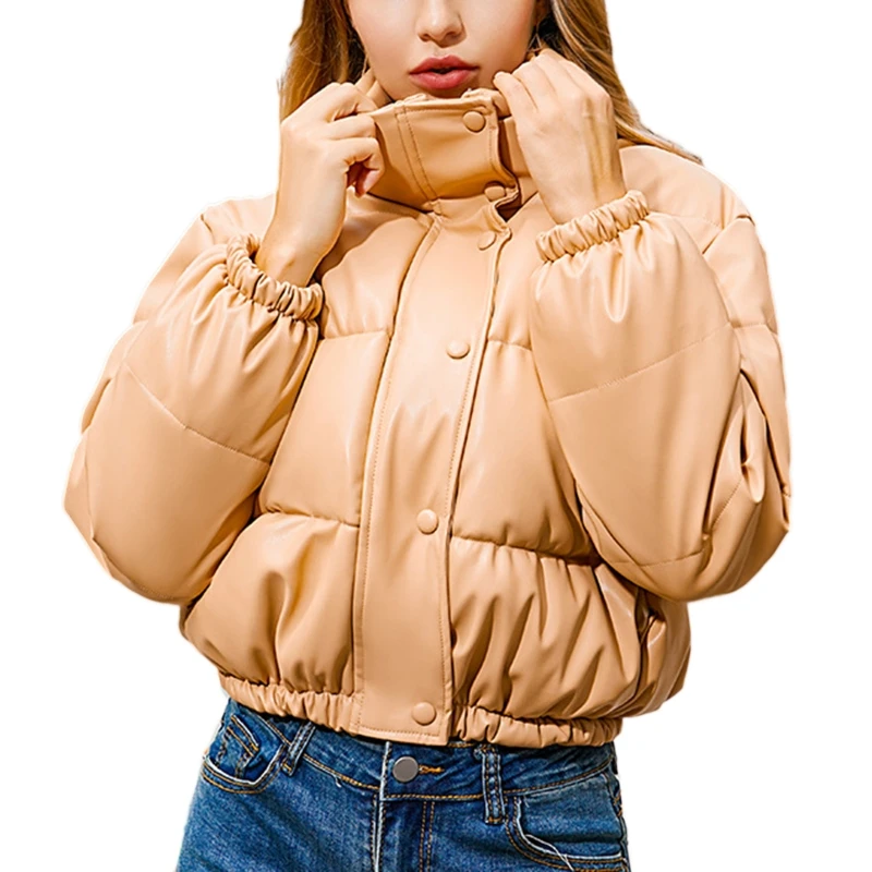 Women Winter Long Sleeve Short Puffer Jacket Zip Up Button Down Cropped Quilted Parkas Coat PU Imitation Leather Warm Bread with