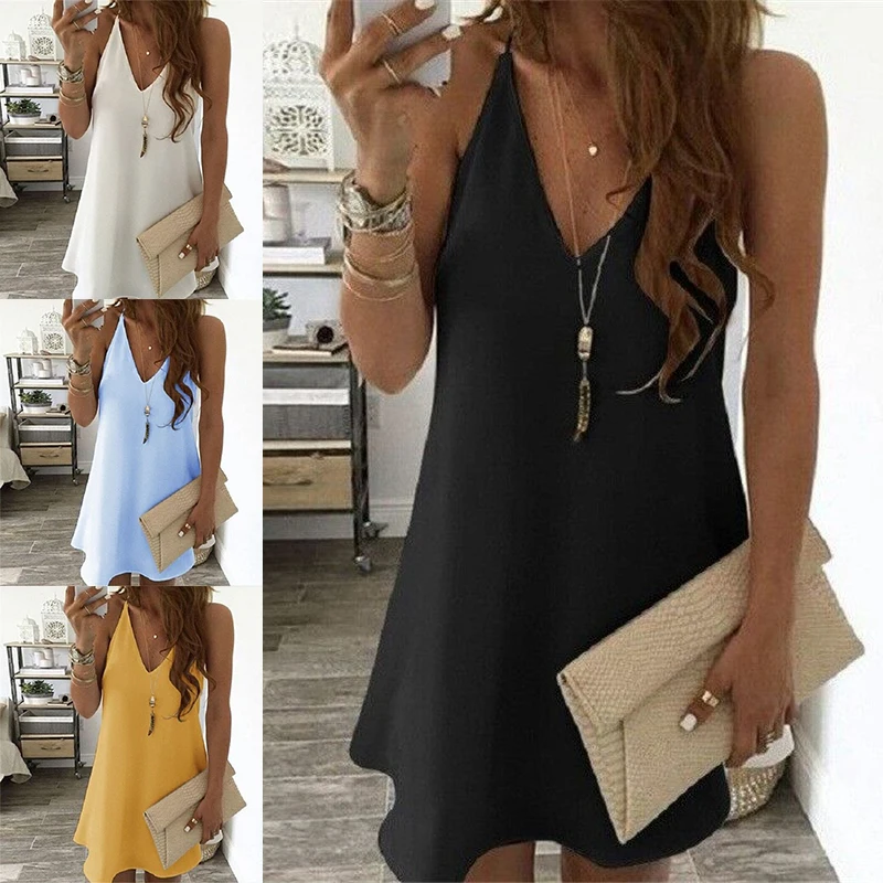 

Womens Summer Beach Ladies Strappy V Neck V Neck Plus Size Boho Sundress Dress