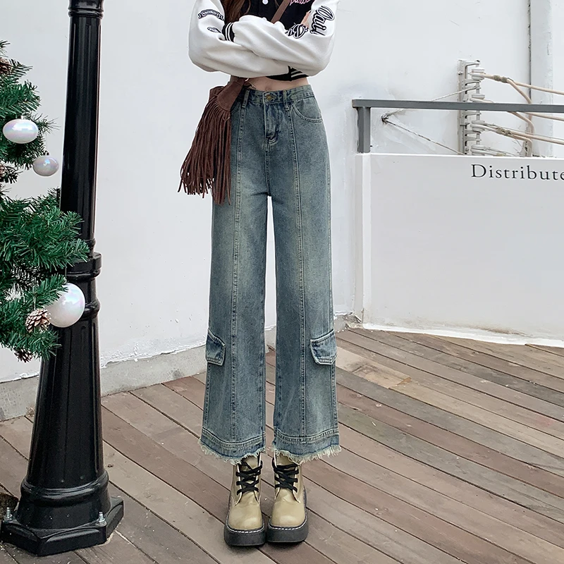 

Брюки школьные с широкими штанинами и карманами для девочек, повседневные свободные длинные джинсы в Корейском стиле, весна 2023