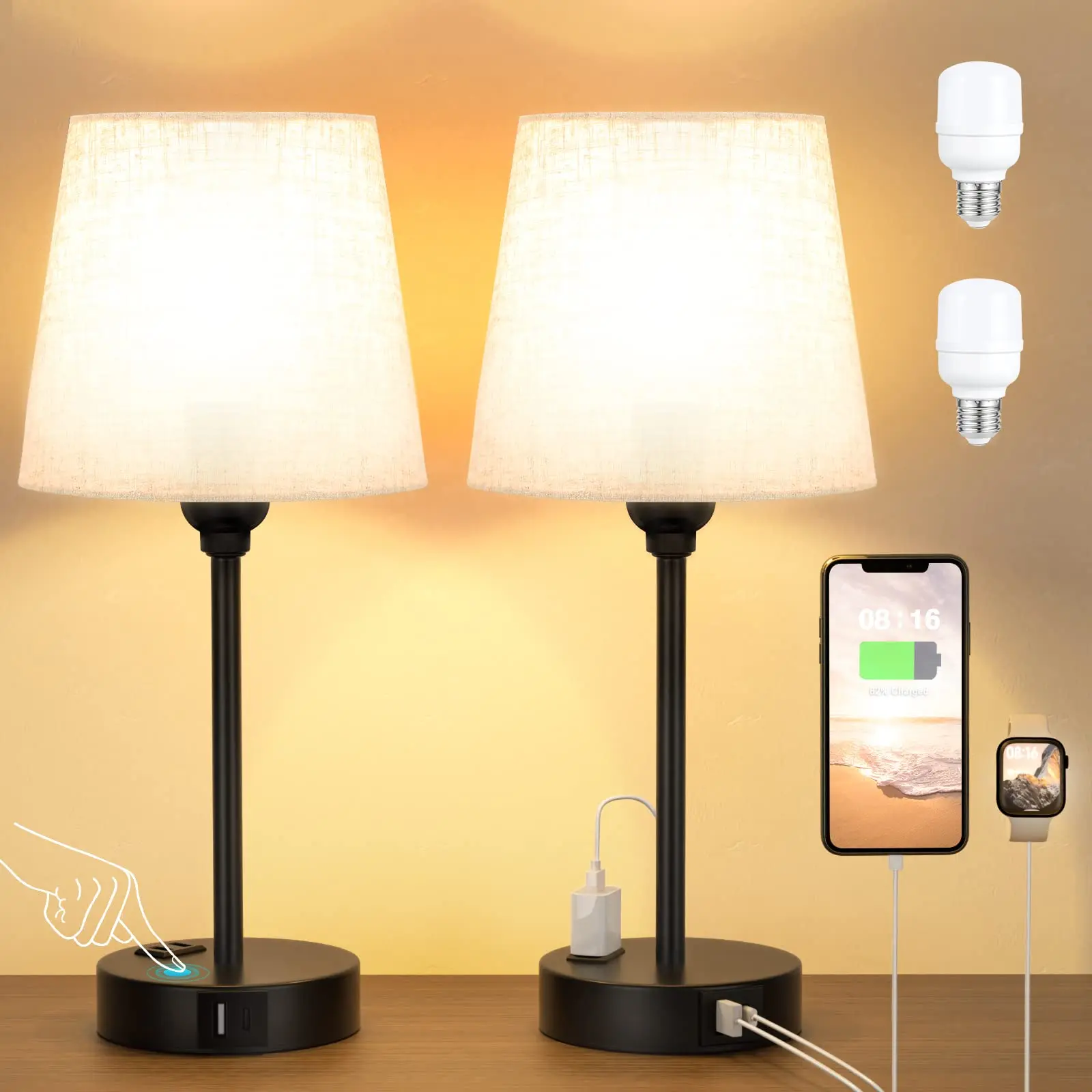 

Сенсорная прикроватная настольная лампа, быстрая перезаряжаемая лампа, ночник, лампы для спальни с USB-портом C, ночник, лампа с абажуром, осветительный прибор