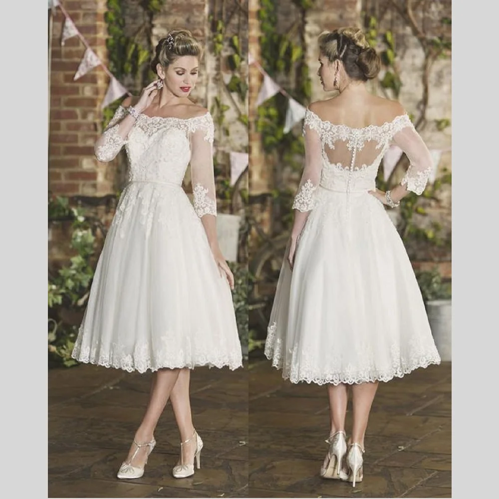 

Off-shoulder Short Wedding Dress New Elegant Tea-Length Half Sleeve Lace Appliques Boat-Neck Bridal Gown Vestidos De Novia