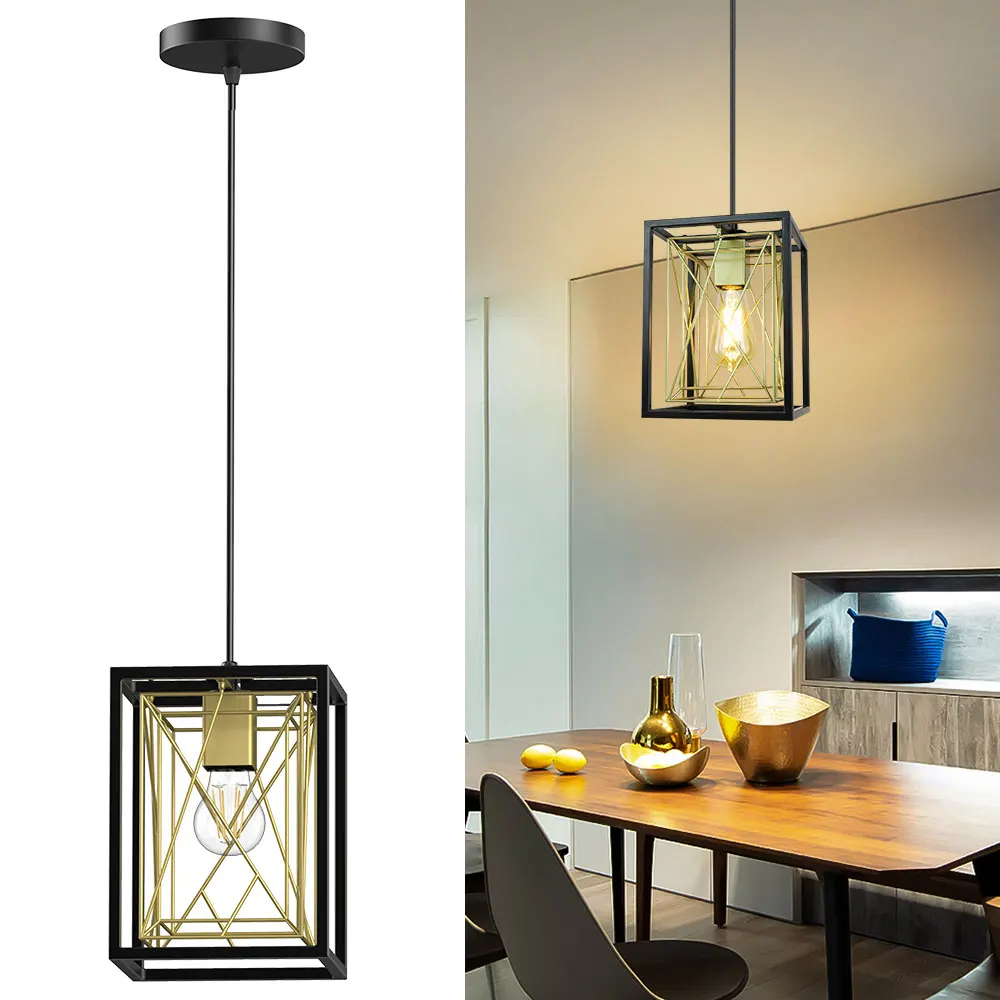

Depuley Modern Industrial Pendant Light Farmhouse Chandelier with Rectangle Geometric Cage Hanging Adjustable for Kitchen E26