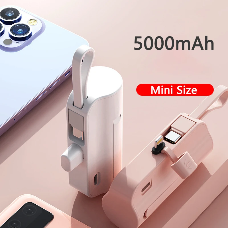 

5000mAh Capsule Mini Power Bank Built in Cable Portable Charger Powerbank for iPhone 13 14 X Samsung S22 Huawei Xiaomi Poverbank