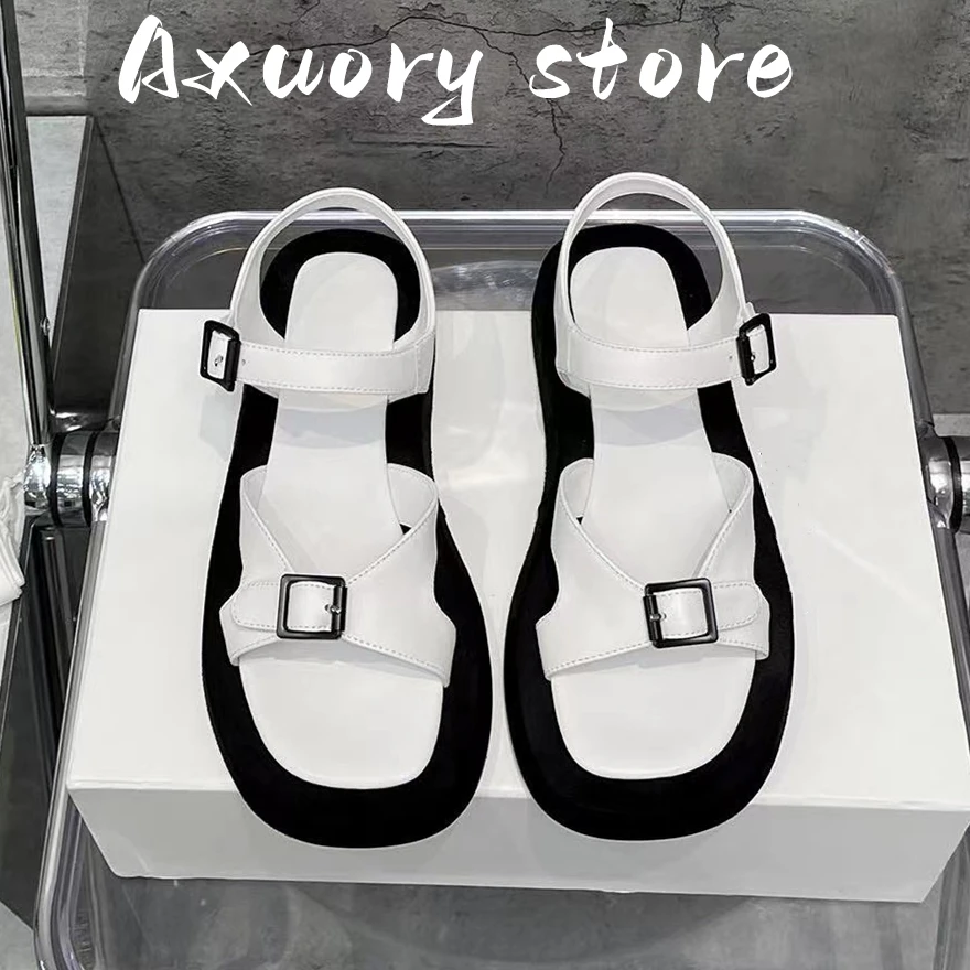 2023 Summer Woman Genuine Leather Flat Platform Sandals Thick Bottom Sandals Women Casual Holiday Beach Shoes