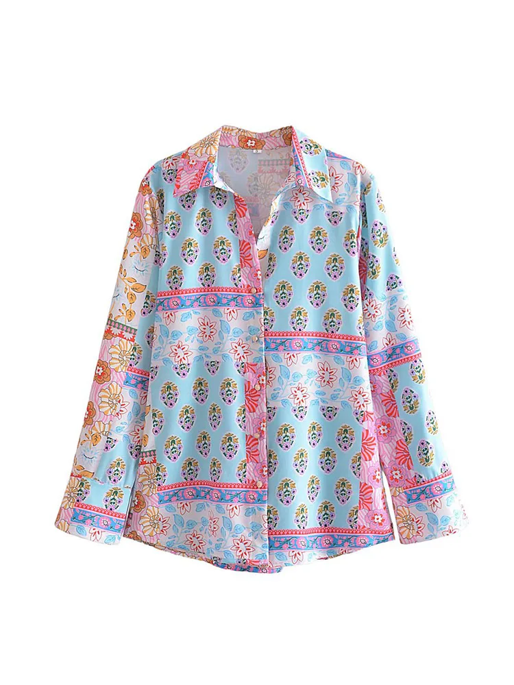 

Women's Shirts 2022 New Fashion Patchwork Flower Print Top Casual Buttons Vintage Long Sleeve Lapel Female Blouse Mujer