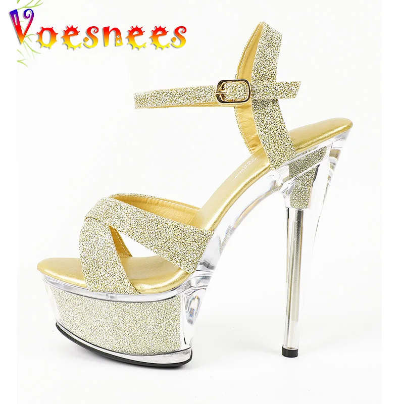 

Ankle Buckle Strap Wedding Bride Shoes Women's Summer 2023 Shiny High Heels Transparent Platform Party Sandals Gold Prom Pumps