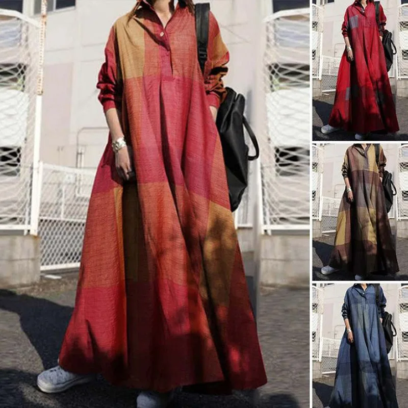 2023  Abaya Femme Casual Plaid Cotton Linen Abayas for Women Vintage Printed Loose Long Sleeves Swing Islam Women's Dress