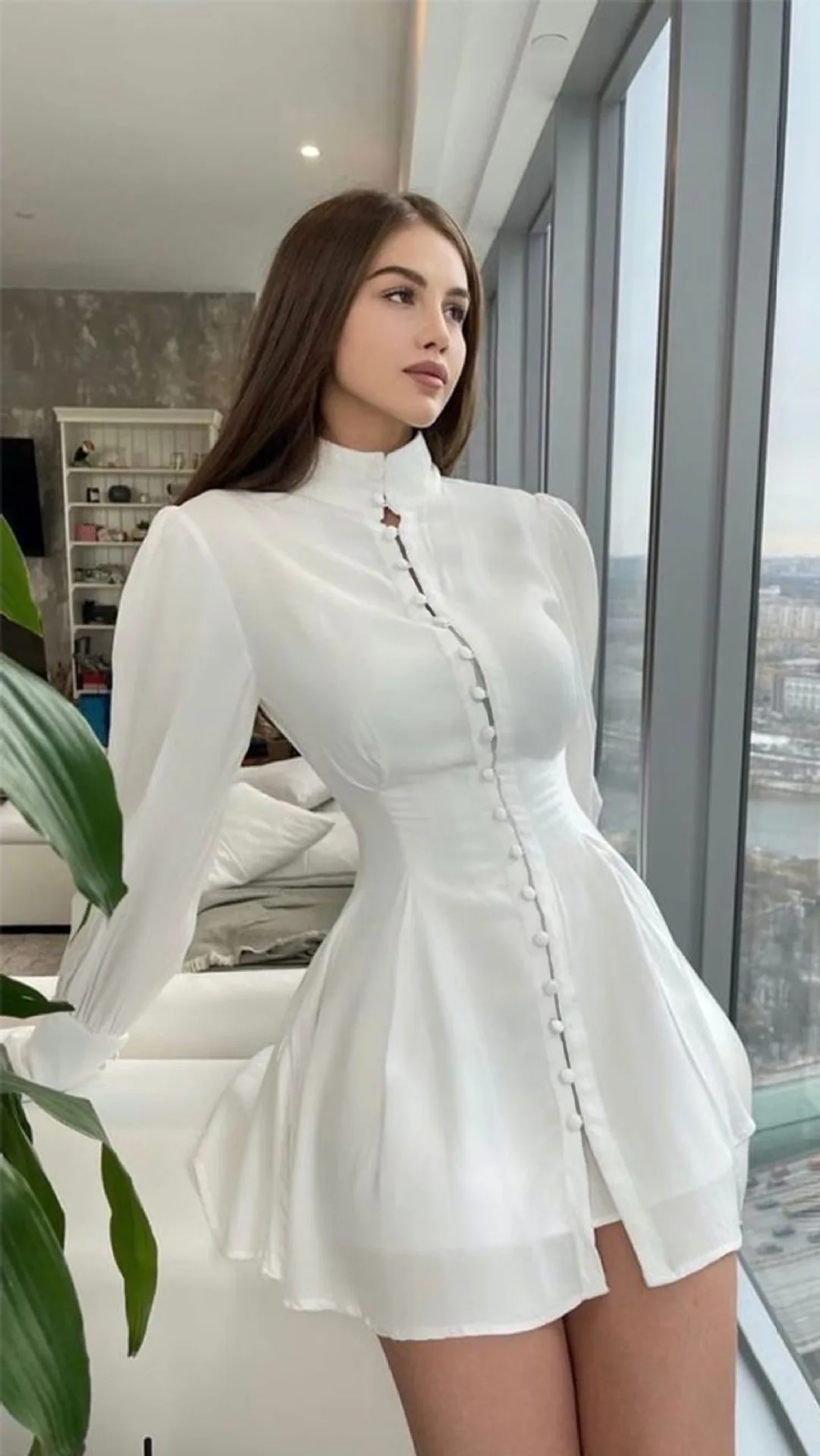 

Women Elegant White Dress 2023 New in Long Sleeve Stand Collar Single Breasted Corset Midi Dress Chic Female Party Evening Dress
