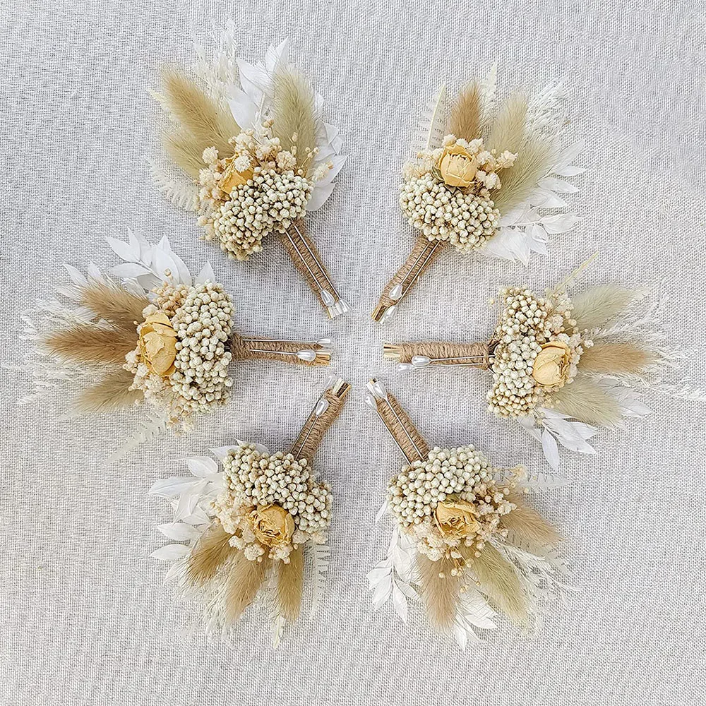 

6pcs/Set Dried Flower Corsage Mini Baby's Breath Natural Flowers Small Bouquet Best Man Boho Style Rustic Vintage Wedding Decor