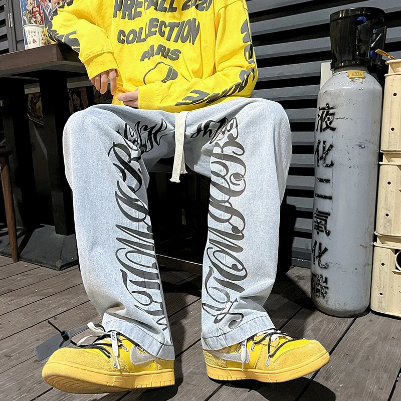 

Men's Jeans European and American Street Casual Straight Print Washed Men's Pants Loose Skateboard Personality Jeans Men