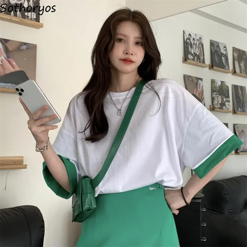 

M-4XL T-shirts Women Panelled Loose Casual All-match Streetwear Retro Basic Korean Style Colleges Soft Patchwork Fashion Summer