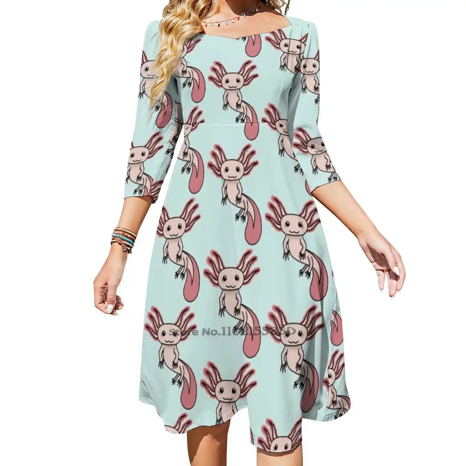 Свободное платье Chibi Axolotl с карманами модное принтом коротким рукавом и V-образным