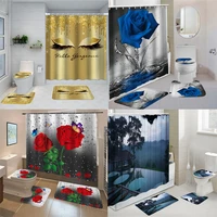 red rose flowers butterfly waterproof bathroom shower curtain set bath non slip mat rug carpet toilet seat cove polyester decor