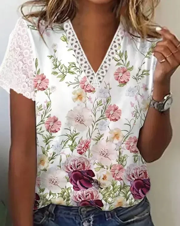 

Women's Casual printed crochet lace v-neck Contrast Lace Daily t-shirt