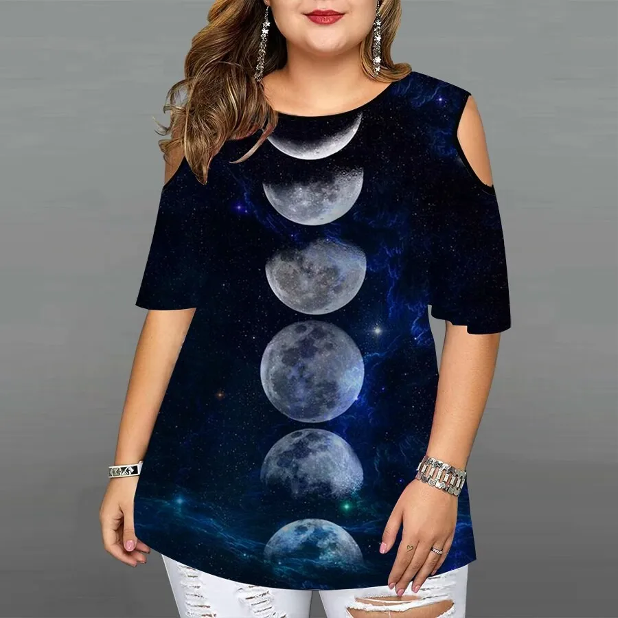 

Винтажная летняя женская футболка с круглым вырезом, открытыми плечами и коротким рукавом, женский топ с 3D принтом Луны, повседневный уличный джемпер, футболка