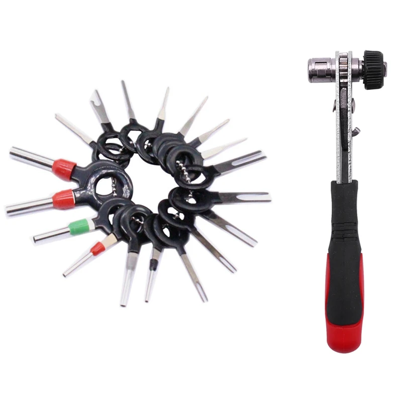 

Ratchet Wrench 1/4 Inch Screwdriver Rod Socket Wrench Tools With 18Pcs Wire Terminal Removal Tool Wiring Crimp Pin Kit