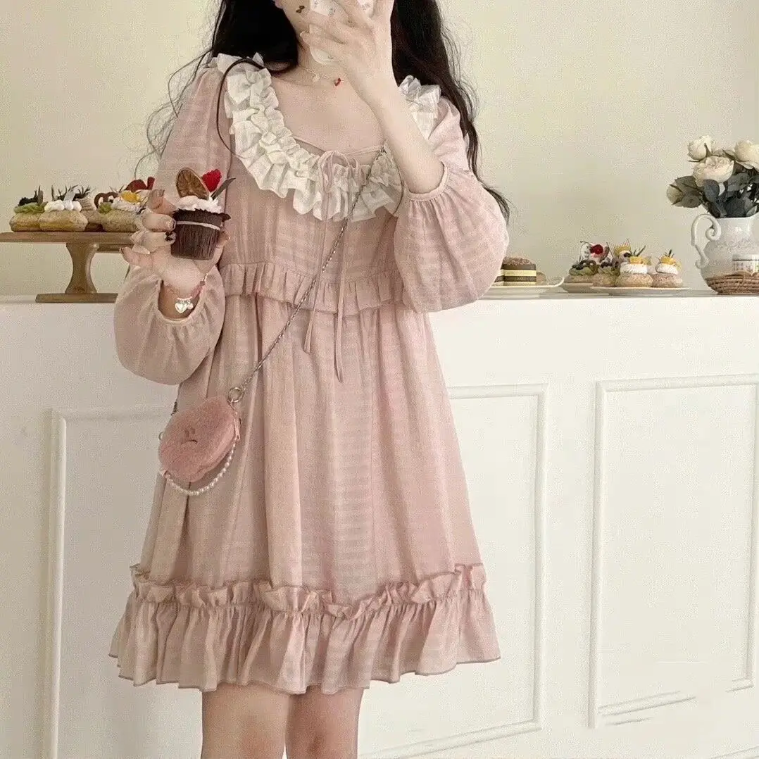 

Pink Sweet Puff Sleeve Princess Dress Summer Japanese Bow Tie Ruffled Large Skirt Princess Dress Midi Dress French Dress Women