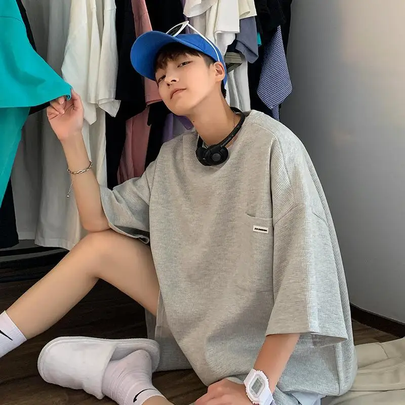 Men's Big Size Summer High Quality Waffle Check T-Shirt Shorts Suit SLacks Loose Leg Sportswear Home Wear Cotton Comfort Suit.