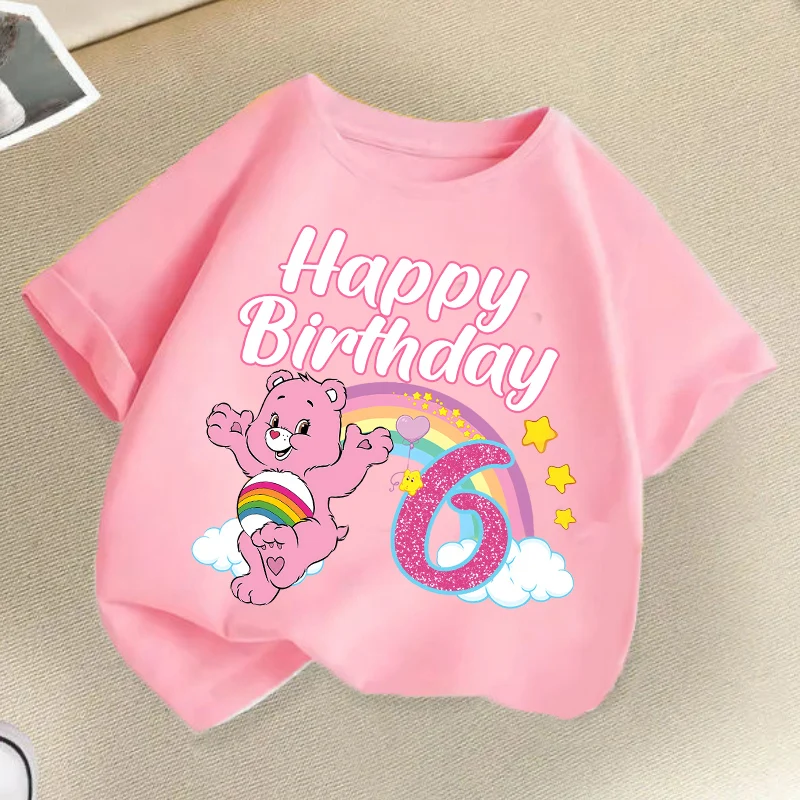 Фото Футболка с номером на день рождения Care Bears, детская футболка с круглым воротником, одежда Kawaii для девочек, детская одежда с короткими рукавами и рисунками, подарок №1