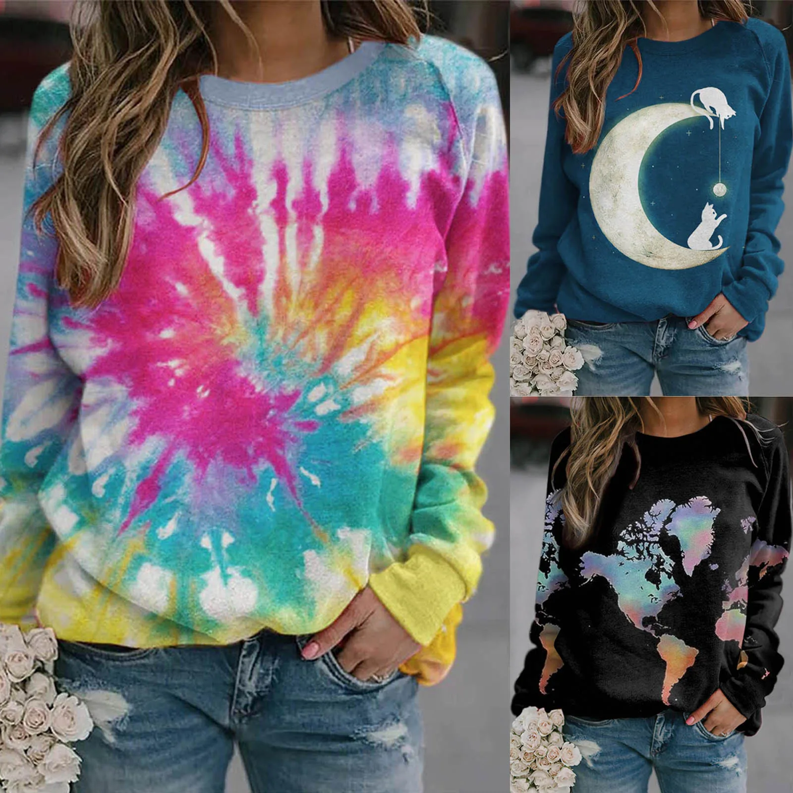 

Красочная женская футболка, футболка с принтом тай-дай на каждый день, выходные футболки, футболка с длинным рукавом, принт, круглый вырез, базовая, необходимая Винтажная футболка с длинными рукавами