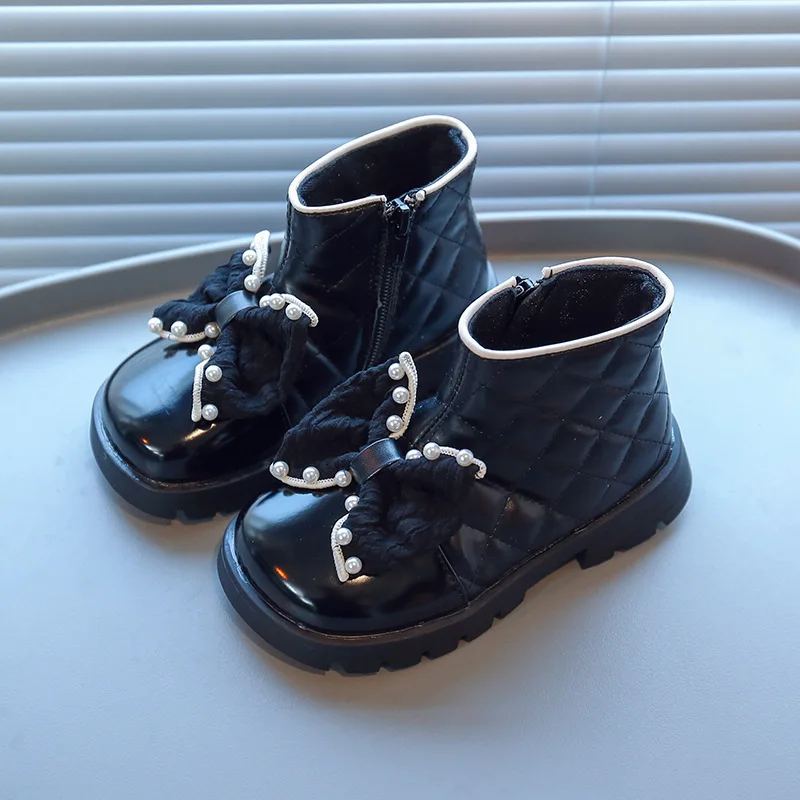 

Children Leather Boots with Bow Shoes Autumn Winter Girls' Cute Pearl Short Boots Kids Baby Waterproof Ankle Shoes