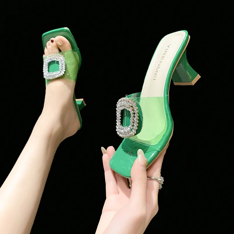 Transparent Square Heel Sandals For Women Luxury Flash Drill Summer High Heels Fashion Women's Shoes Low Heels Sandal