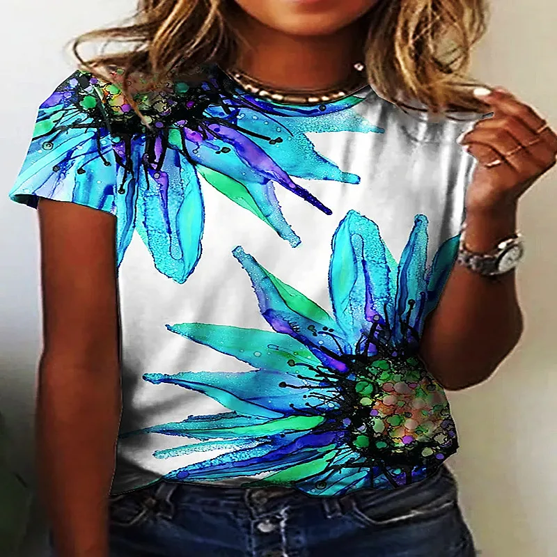 

New Women's 3DT Shirt Harajuku top 2022 Summer Rose Floral Fashion Comfortable Loose Short-sleeved Round Neck Women's Clothing