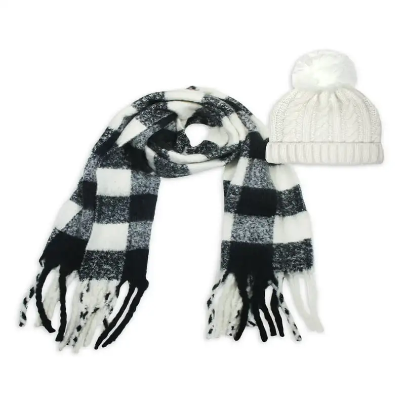 

Buffalo Plaid Cozy Scarf With Noodle Fringe And Brushed Cable Knit Beanie