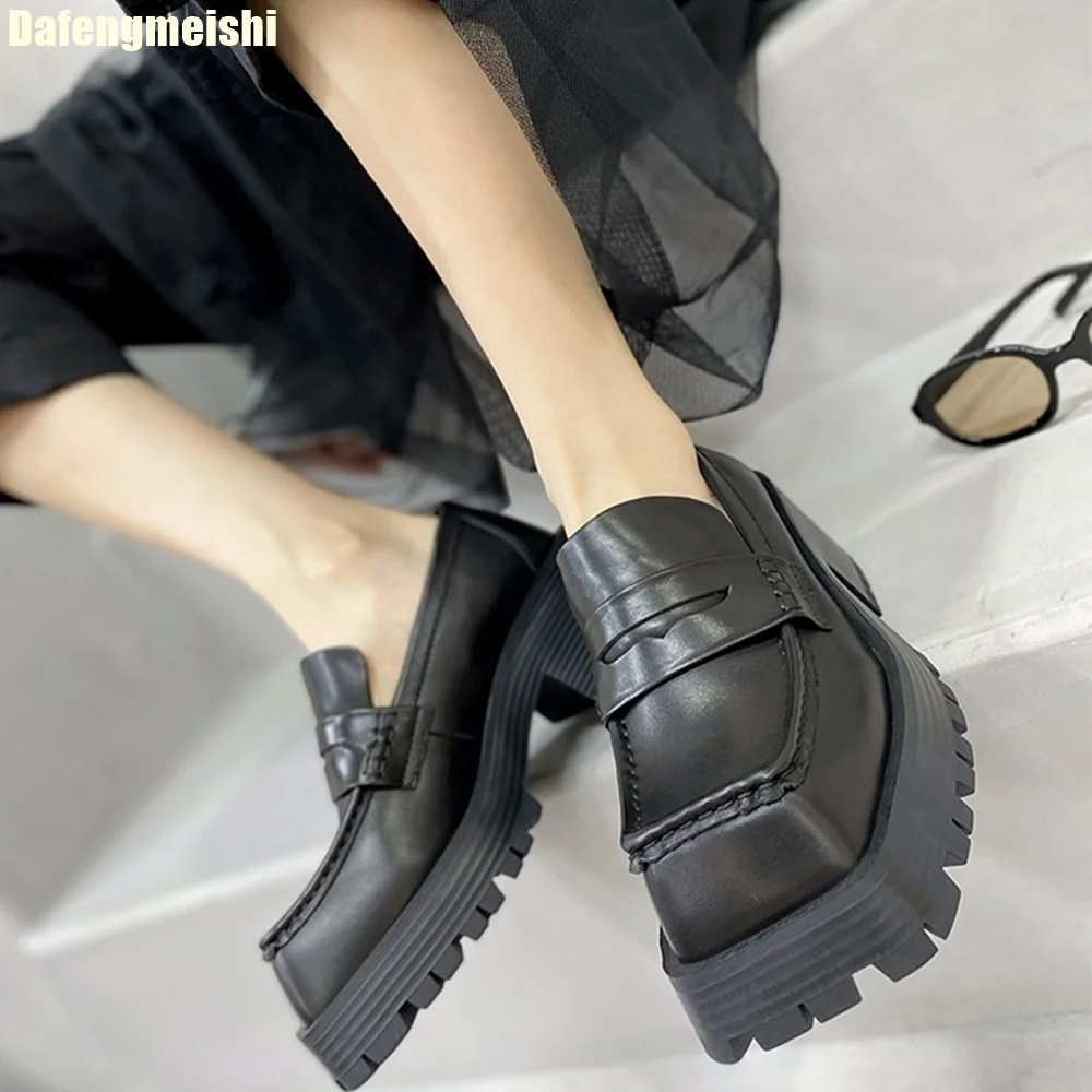 Женские/мужские черные кожаные лоферы на платформе с массивной подошвой и без