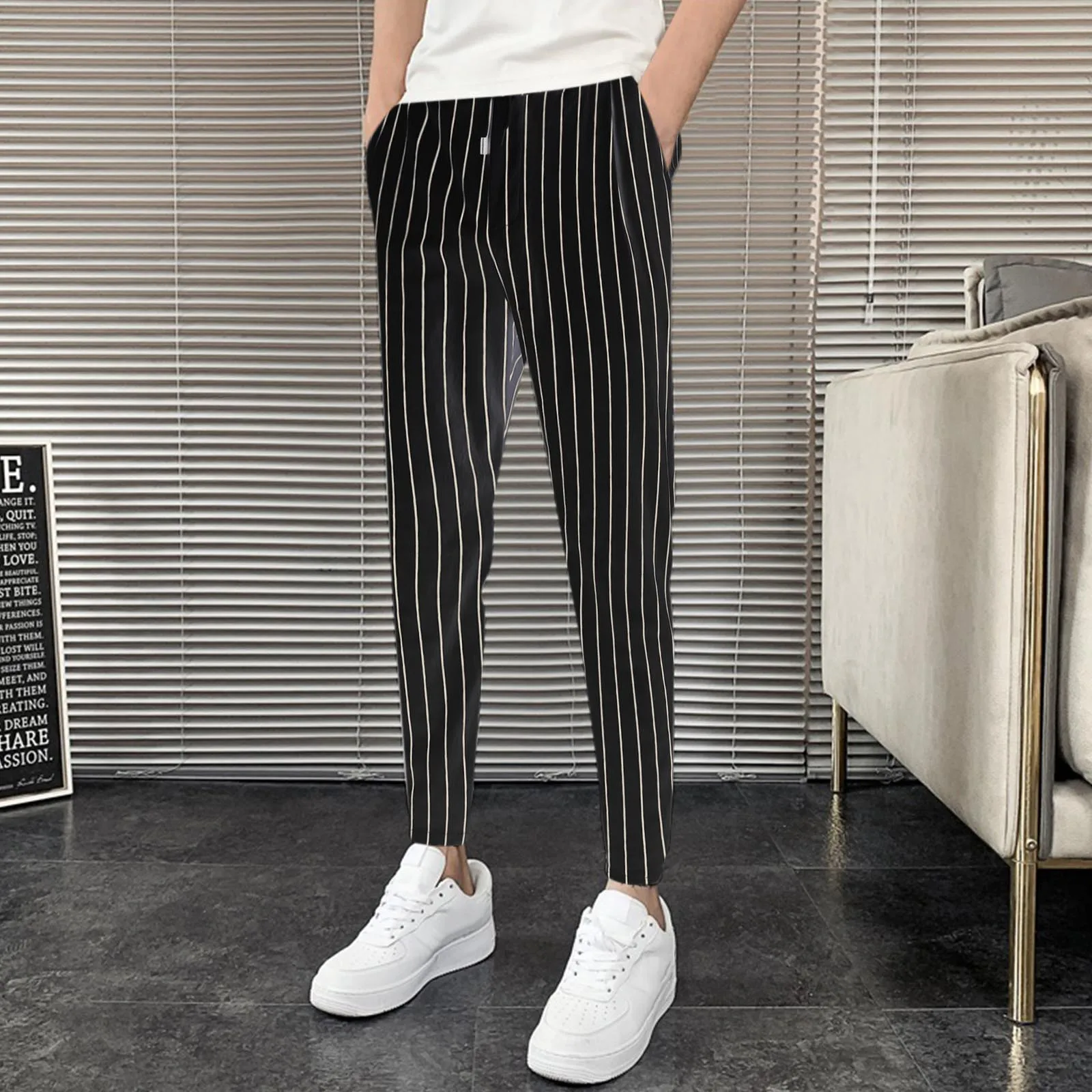 

Fashion Summer Autumn 2022 Men Casual Formal Pants Thin Stripe Pants Mens Suit Pants Slim Fit Straight Leg Trousers Streetwear