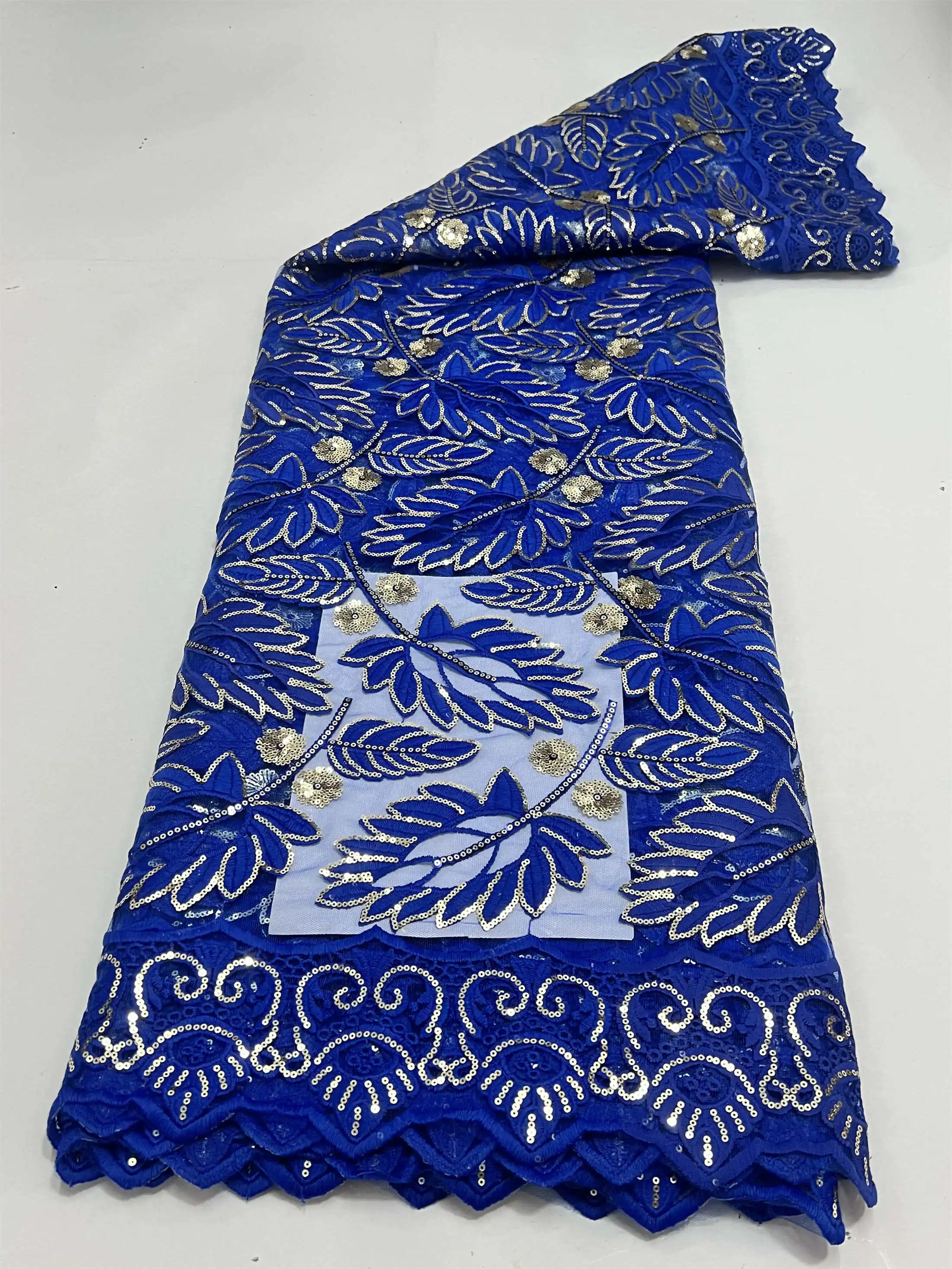 

Eyelet Lace Material for Dressmaking Blue Embroidery Gold Sequin Top Quality dentelle africaine Wedding Lace Bridal Dress JHDN05