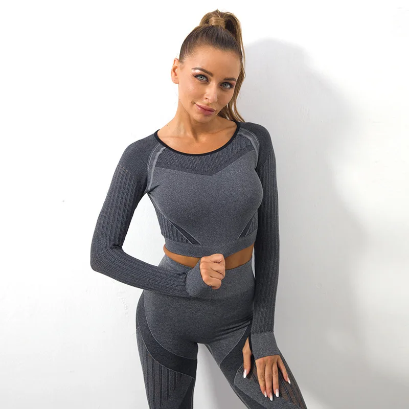 

Women's Seamless Knit Yoga Long Sleeve Hollow Out Sexy Sportswear Gym Sports Crop Tops Fitness T-Shirt Breathable Workout Shirt
