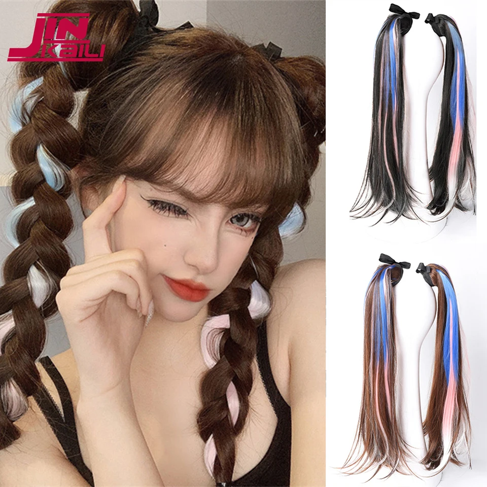JINKAILI Synthetic 2 Pcs Straight Ponytail Hair Extension Black Mixed Pink Blue  Clip-in Ponytail Extension For Women