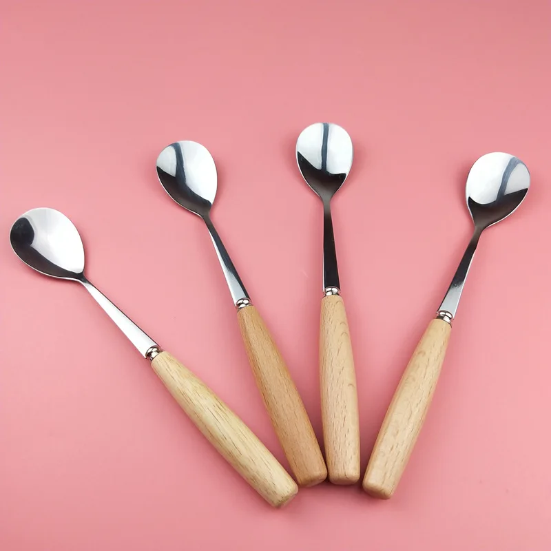

4/6/10Pcs Creative Japanese Style Beech Spoons Stainless Steel Long Handle Scoop Coffee Stirring Spoon Soup Spoon Tableware