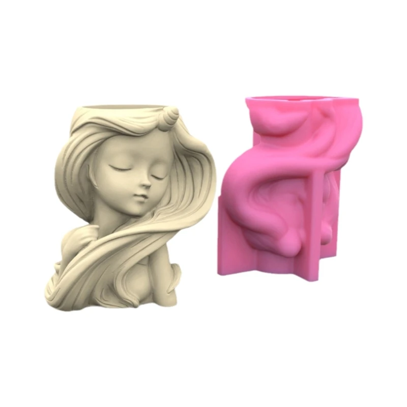 

E0BF Long-haired Girl Gypsum Silicone Mold Diy Succulents Concrete Flower Pot Vase Plaster Cement Clay Mold Pen Holder Mold