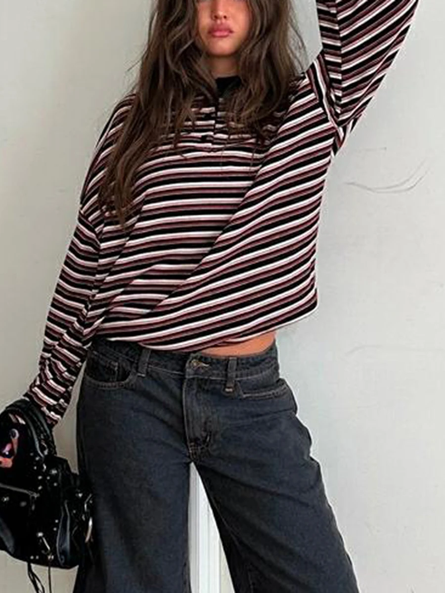 Женский свитшот в полоску с длинным рукавом на пуговицах