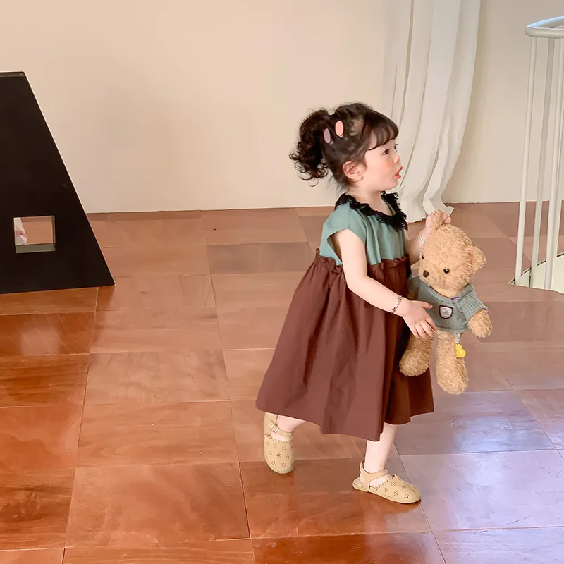 

Children's Color Matching Dress 2022 Summer New Korean Girls' Lace Stitching Round Neck Sleeveless Dress