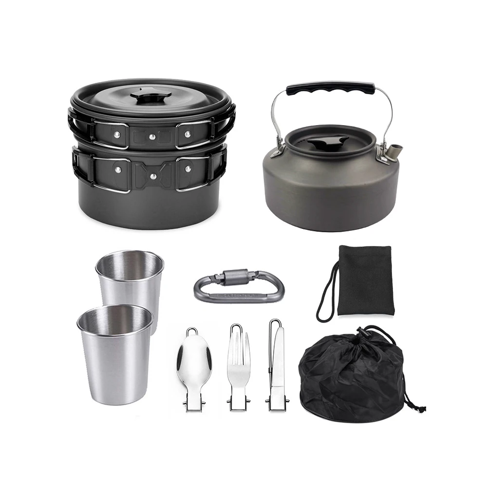 

Outdoor Pots Camping Cookware Picnic Cooking Set Non-stick Cutlery With Foldable Spoon Fork Knife Kettle Cup 1 Set