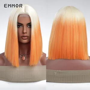 Emmor Synthetic Baby Orange to Light Blonde Straight Wig Bobo Hair Wigs Cosplay Natural Heat Resistant Wigs for Women Daily Wigs