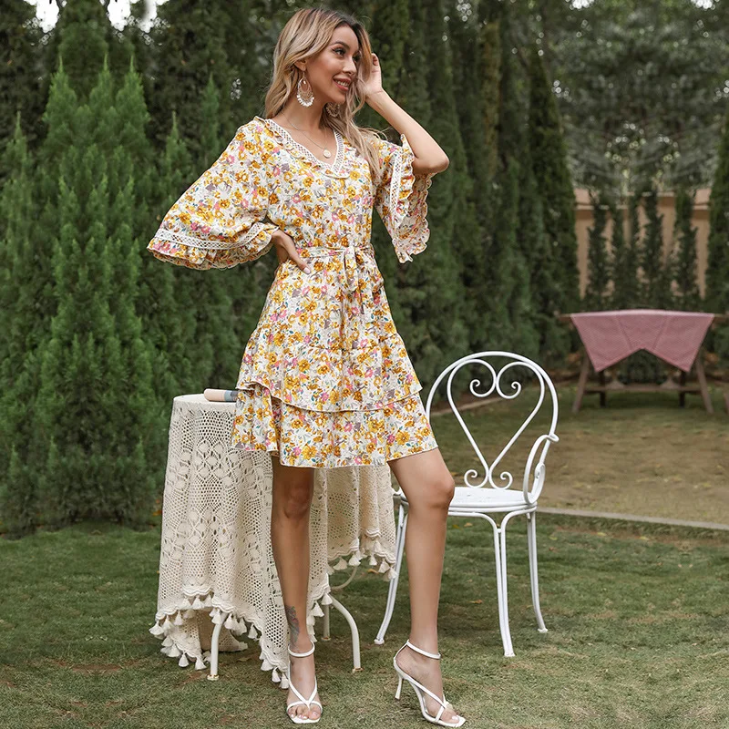 

Bodycon dress for women Square Neck Black Dress Women El2022 summer new mid sleeve floral patchwork lace flounce bottomed dress