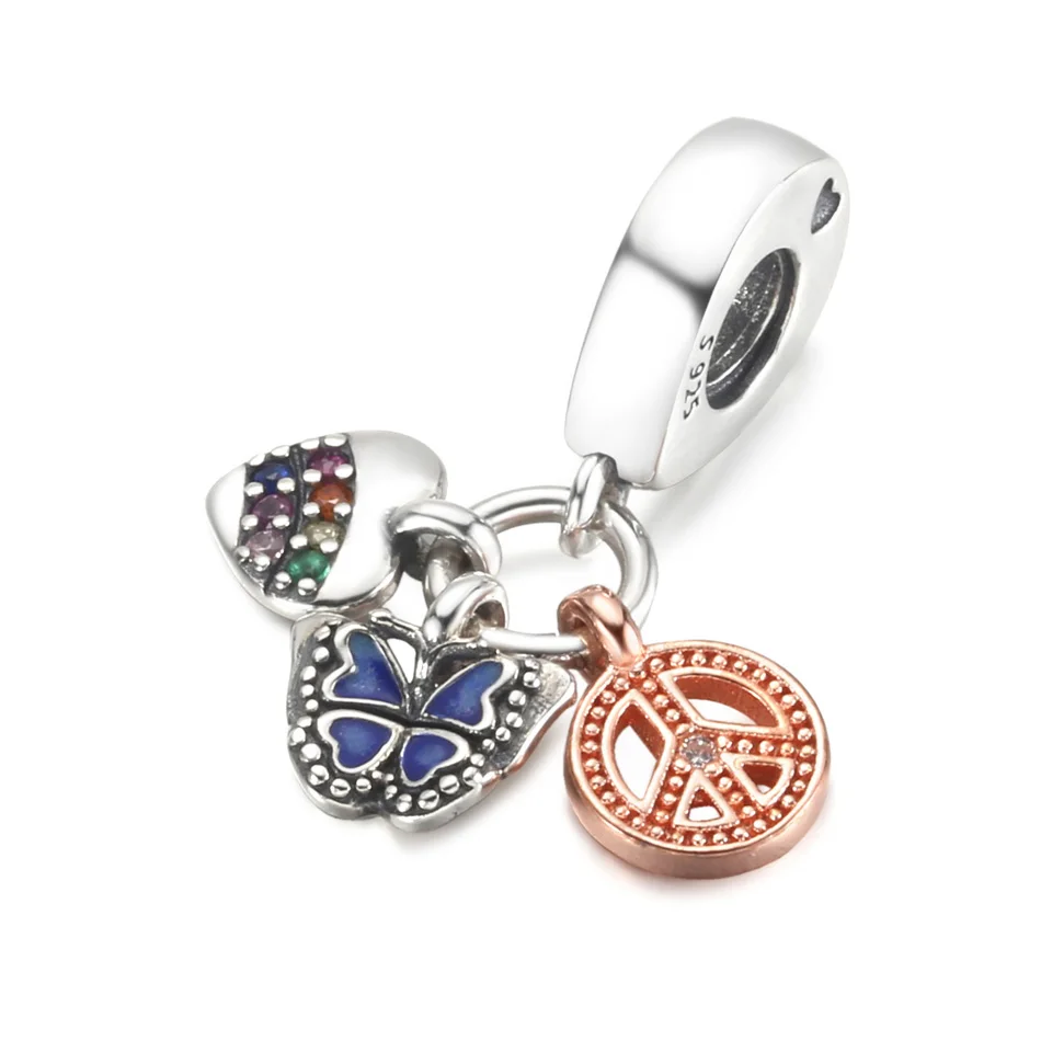 Женский браслет с подвесками Love Freedom, браслет из серебра 925 пробы с бусинами в виде сердечек и бабочек, подарок для девушки