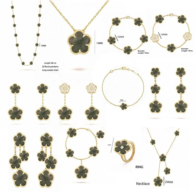 

Новинка 2023, эксклюзивные ювелирные изделия из циркона, серьги с четырьмя/пятилистными цветами, элегантное кольцо, ожерелье, браслет, набор гвоздиков