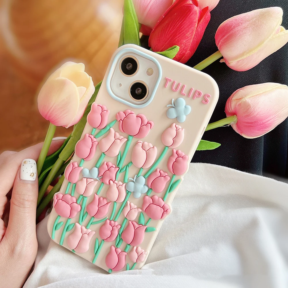 

3D Lovely Pink Flower Floral Tulips Phone Case For iphone 11 12 13 pro max XR XS max X 7 8 Plus 14 Pro Cute Soft Silicone Cover