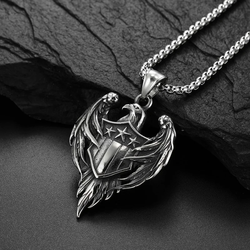 

European and American Men's Retro White Silk Titanium Steel Dog Tag Pendant Double-Wing Eagle Stainless Steel Necklace