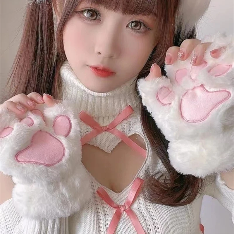 

Cute Kawaii Cat Paw Fluffy Claw Fingerless Gloves Warm Soft Plush Fingerless Glove Half Finger Women Winter Wear Gifts Japan