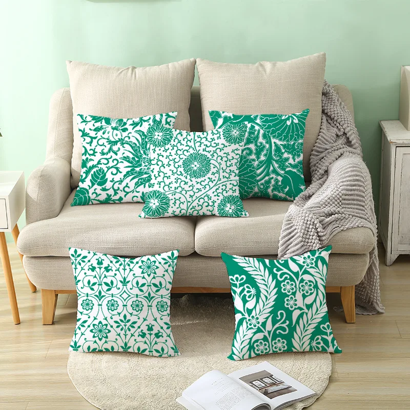 

Geometric Green White Custom Cushion Cover Daisy Plant Decor Throw Pillows Covers Square Sofa Bed Lumbar Pillowcase