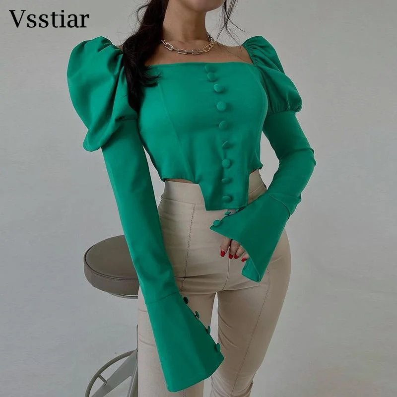 

Vsstiar Square Collar Fashion Tees Top Puff Long Sleeve Button Casaul Woman Cropped Green Streetwear Fall Winter Slim T-Shirt