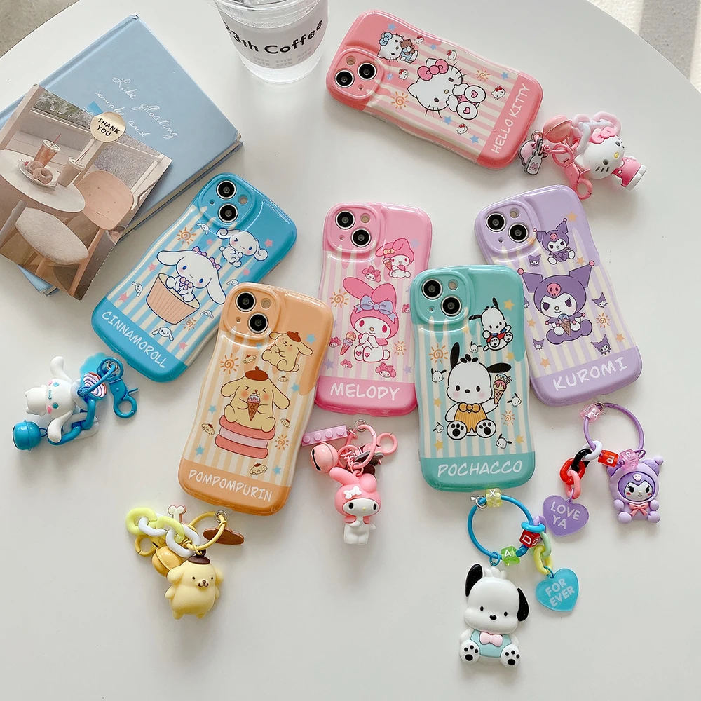 

Sanrio hello kitty kuromi melody cinnamoroll 3D Doll ornaments keychain Phone Case For Iphone 11 12 13 14 Pro Max Plus Cover
