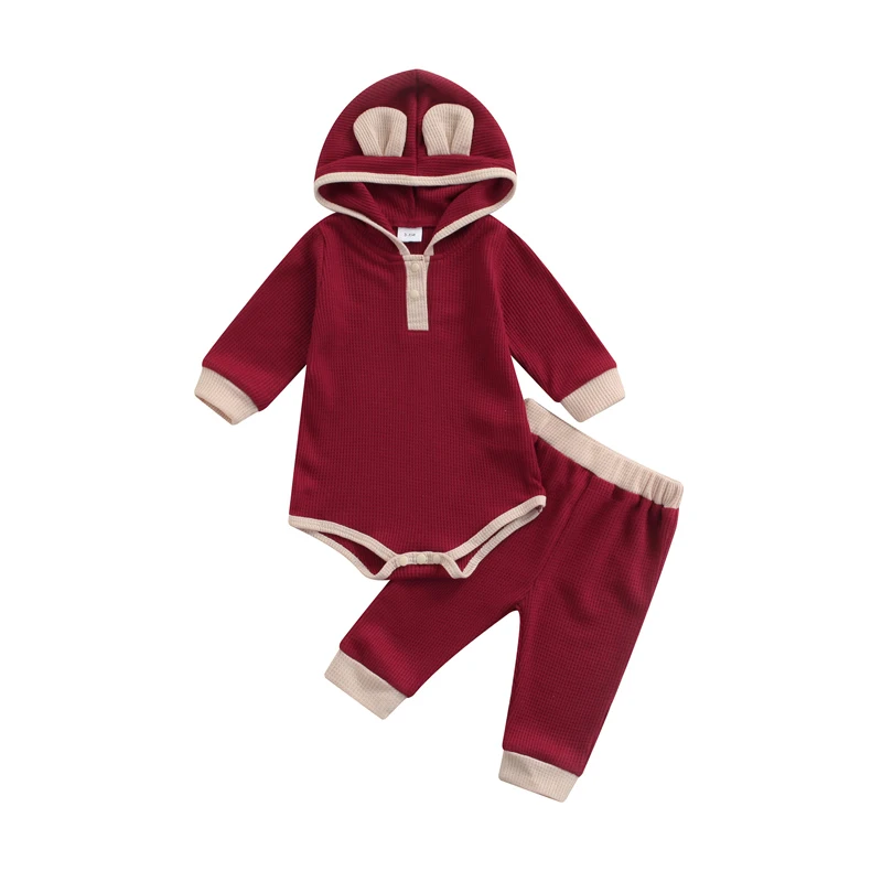 

2 Pieces Baby Suit Set, Toddler Contrast Color Long Sleeve Hooded Romper+ Long Pants for Spring Fall, 3-24 Months