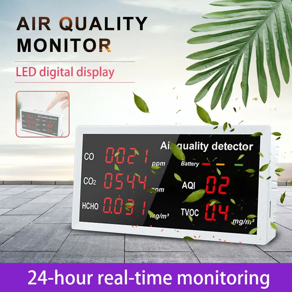 

Universal 5 In1 Indoor Air Quality Monitor CO CO2 HCHO TVOC AQI Meter Portable LCD Display Home Carbon Dioxide Detector Tester